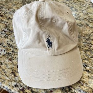 Polo by Ralph Lauren khaki hat with navy blue stitching and leather